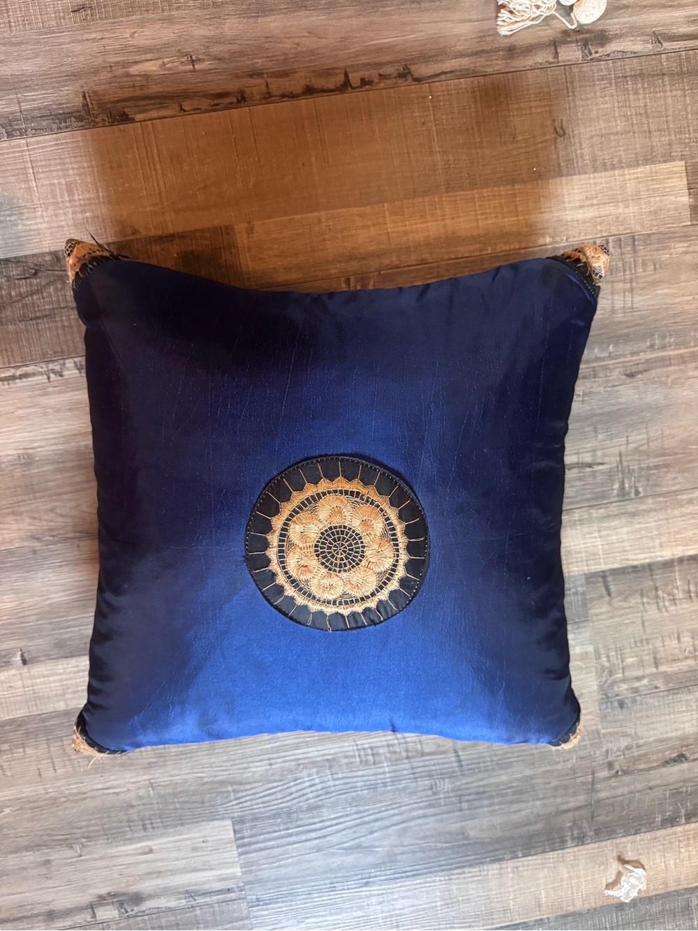 Silk Blue Decorative Throw Pillow with Gold Embroidered Medallion